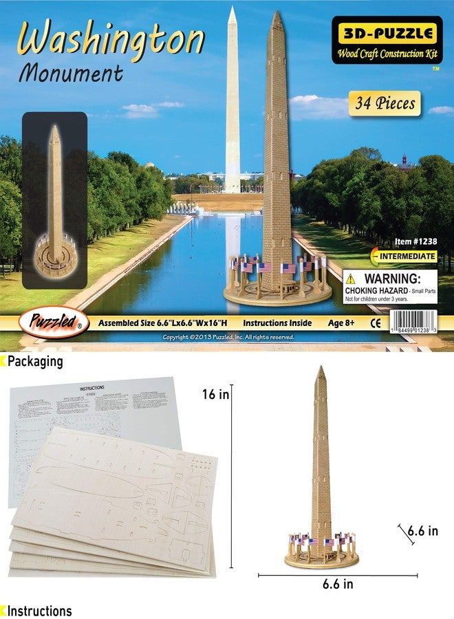 Puzzled 3D Puzzle Washington Monument Wood Craft Construction Model Kit, Educational DIY Wooden Toy Assemble Model Unfinished Crafting Hobby Puzzle to Build and Paint for Decoration 34 Pieces Pack - Image 2